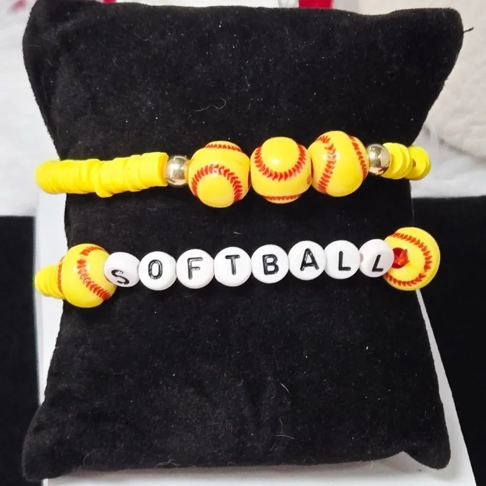 Softball Heishi Charm Bracelet Stack Set of 2 Team Spirit Yellow Red Sports Fan